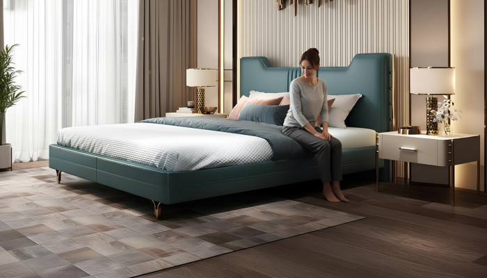 Letto in legno di design moderno. Mobile di lusso. Letti matrimoniali nuovi. Camera da letto imbottita.