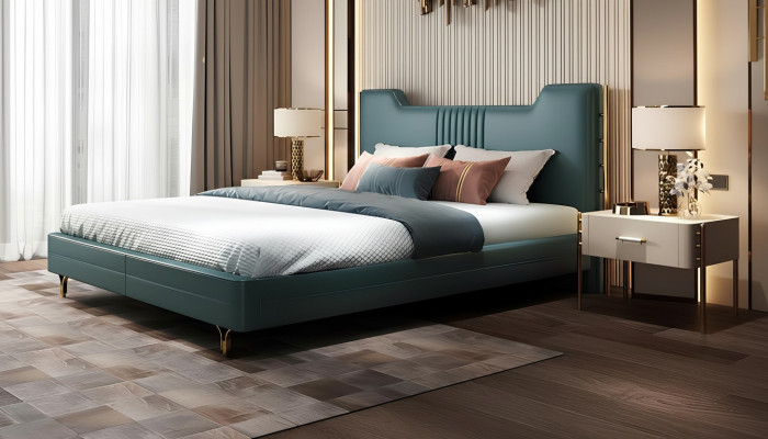 Letto in legno di design moderno. Mobile di lusso. Letti matrimoniali nuovi. Camera da letto imbottita.