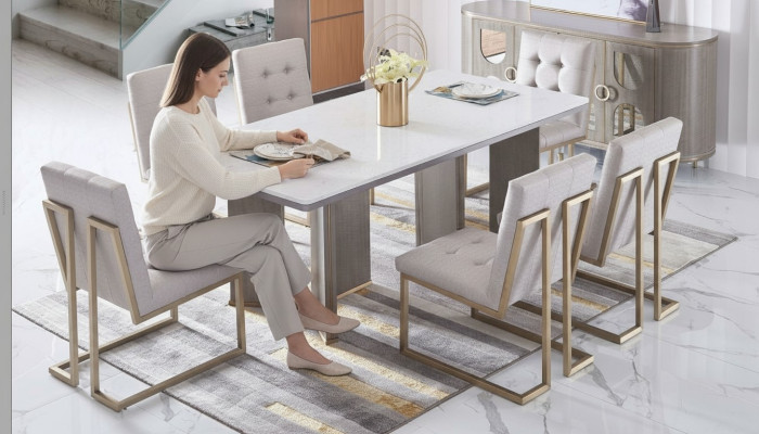 Set di sedie da pranzo design in metallo e tessuto, 6 poltrone da lounge.