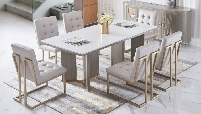Set di sedie da pranzo design in metallo e tessuto, 6 poltrone da lounge.