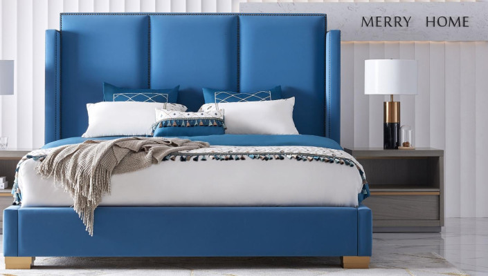 Design della camera da letto lussuoso letto 180x200 telaio letto matrimoniale in tessuto blu