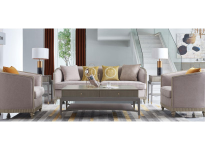 Divano da designer con sedute imbottite a 3 + 1 + 1 posti in tessuto beige, divano in velluto nuovo.