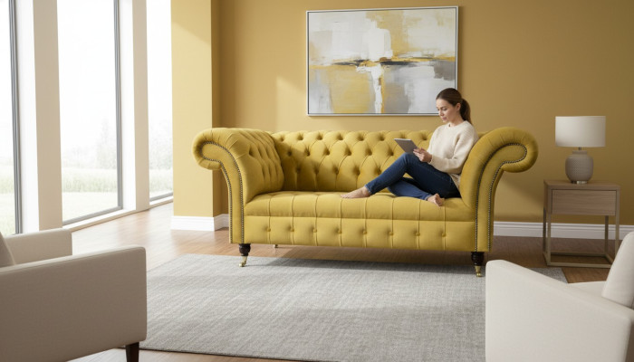 Chesterfield Design Divano di lusso Divano Divano Set Sedile in pelle Tessuto Giallo Nuovo