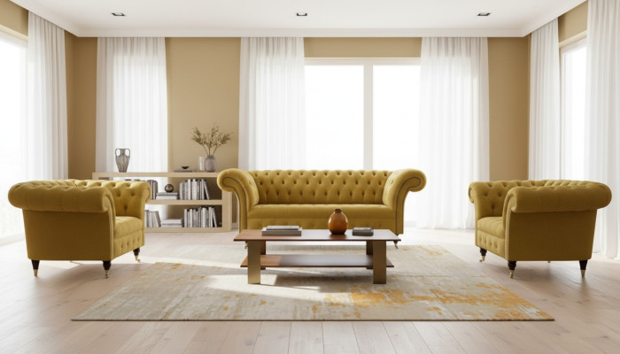 Chesterfield Design Divano di lusso Divano Divano Set Sedile in pelle Tessuto Giallo Nuovo