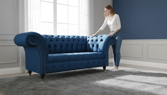 Disegno Chesterfield divano due posti in tessuto blu.