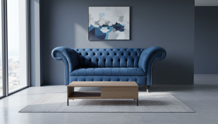 Disegno Chesterfield divano due posti in tessuto blu.