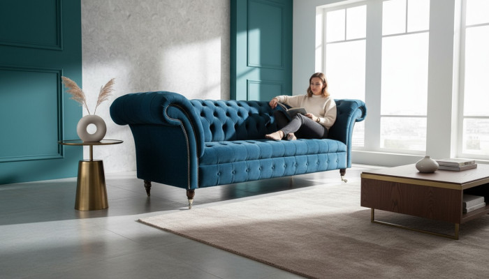 Divano Chesterfield a 3 posti moderno in tessuto per salotto.