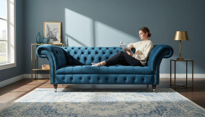Divano XXL grande 3 posti Chesterfield imbottito set salotto in tessuto stoffa.