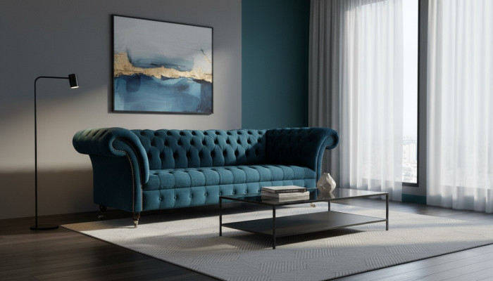 Divano XXL grande 3 posti Chesterfield imbottito set salotto in tessuto stoffa.