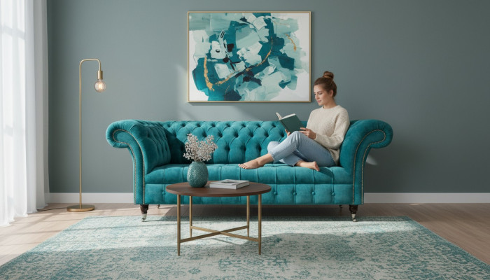Divano Chesterfield Imbottito in Tessuto Turchese Classico a 3 Posti