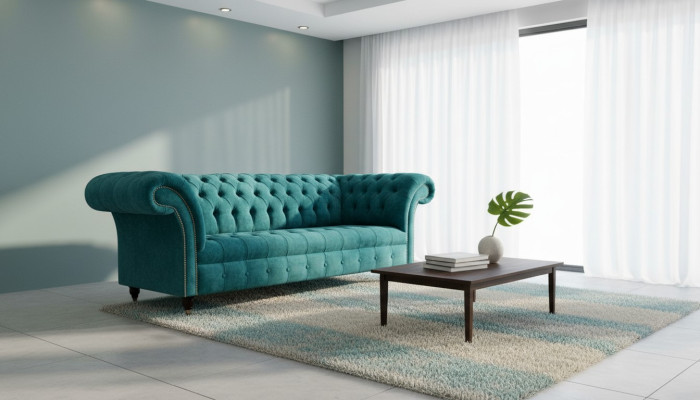 Divano Chesterfield Imbottito in Tessuto Turchese Classico a 3 Posti