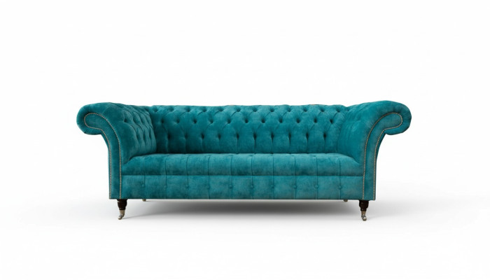 Divano Chesterfield Imbottito in Tessuto Turchese Classico a 3 Posti