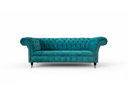 Divano Chesterfield Imbottito in Tessuto Turchese Classico a 3 Posti