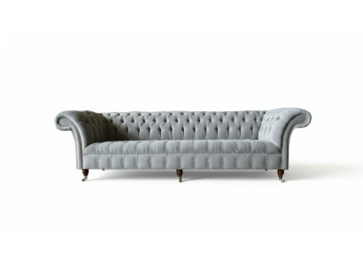 Grande divano Chesterfield grigio 265cm, imbottito, in pelle, 4 posti