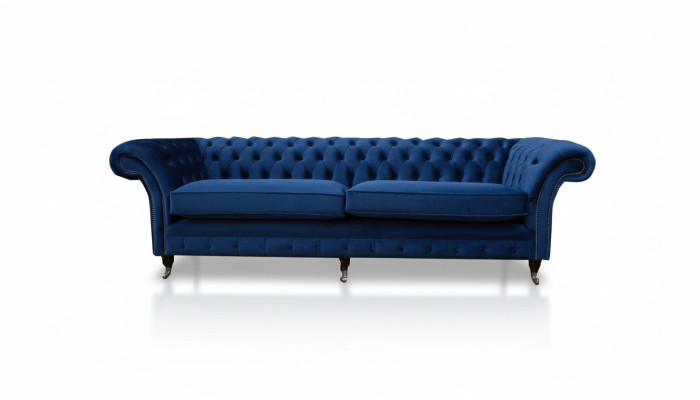 Divano blu xxl Chesterfield 265cm, 4 posti seduta imbottita.