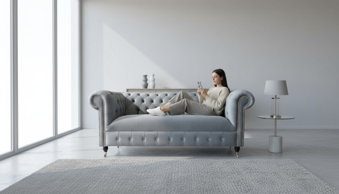 Divano Chesterfield in tessuto imbottito in pelle e tessuto, divano set decorativo.