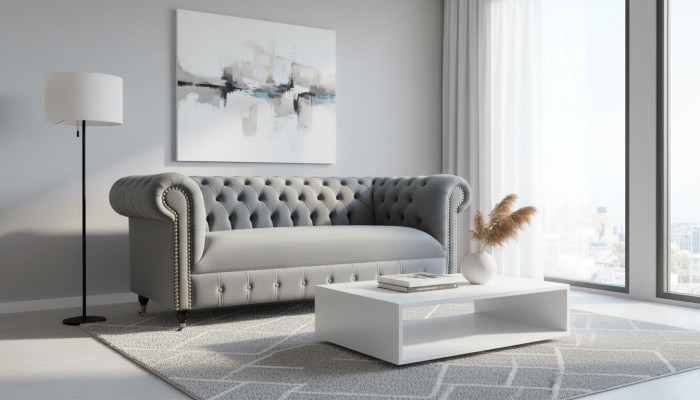 Divano Chesterfield in tessuto imbottito in pelle e tessuto, divano set decorativo.
