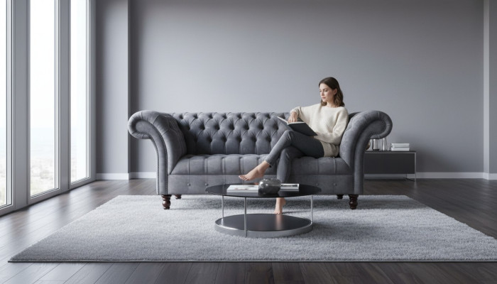 Chesterfield divano a 3 posti soggiorno in tessuto grigio.