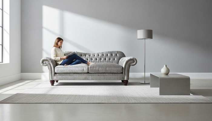 Divano a tre posti 3 posti divano Chesterfield imbottito in velluto grigio.