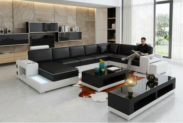 Divano ad angolo a U, credenza, tavolino, divano, design in nero, imbottitura in pelle, moderno.