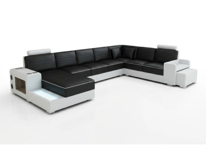 Divano ad angolo a U, credenza, tavolino, divano, design in nero, imbottitura in pelle, moderno.