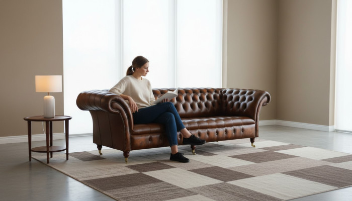 Divano Chesterfield marrone in pelle imbottita, divano da 4 posti.