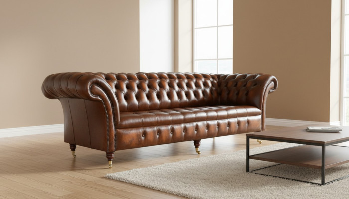 Divano Chesterfield marrone in pelle imbottita, divano da 4 posti.