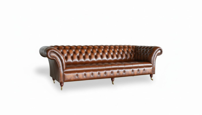 Divano Chesterfield marrone in pelle imbottita, divano da 4 posti.