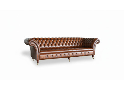 Divano Chesterfield marrone in pelle imbottita, divano da 4 posti.