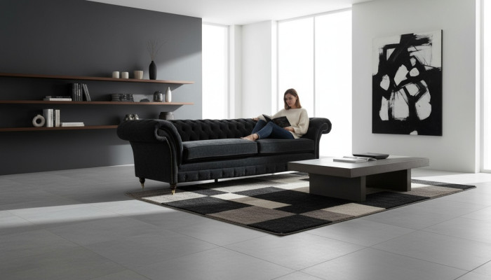 Grande divano 4 posti Chesterfield in pelle tessuto nero