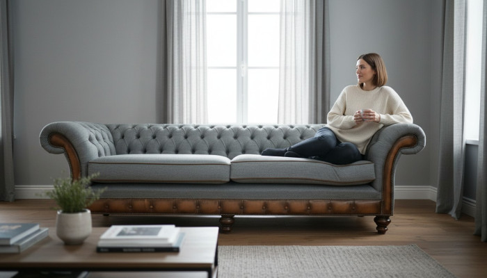 Grande divano a 4 posti Chesterfield in pelle e tessuto grigio