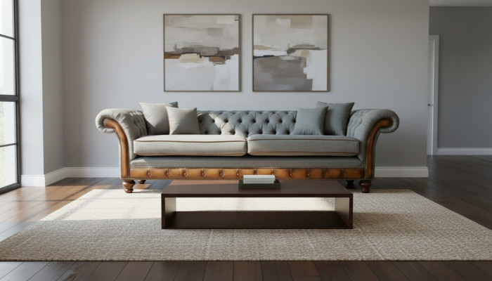 Grande divano a 4 posti Chesterfield in pelle e tessuto grigio