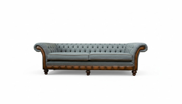 Grande divano a 4 posti Chesterfield in pelle e tessuto grigio