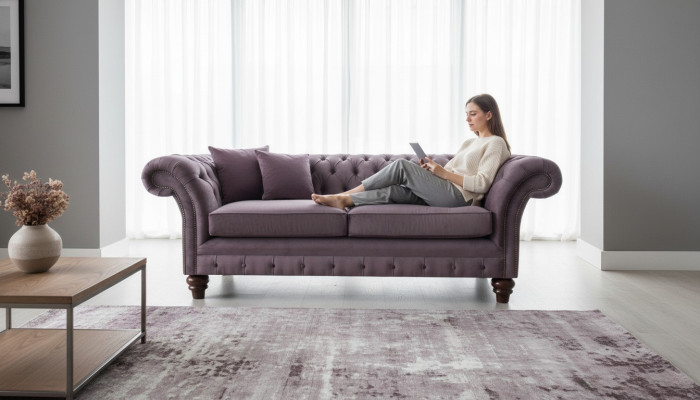 Chesterfield Divano Imbottito Classico in Pelle Tessuto a 3 Posti Sofà Tre Posti