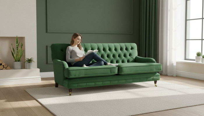 Divano Chesterfield di design in tessuto di alta qualità a tre posti.