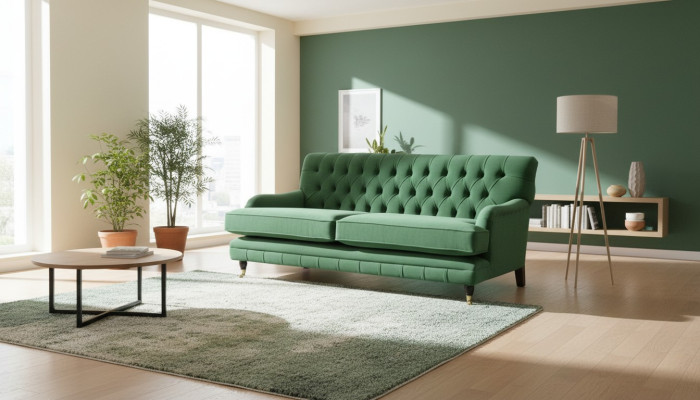 Divano Chesterfield di design in tessuto di alta qualità a tre posti.