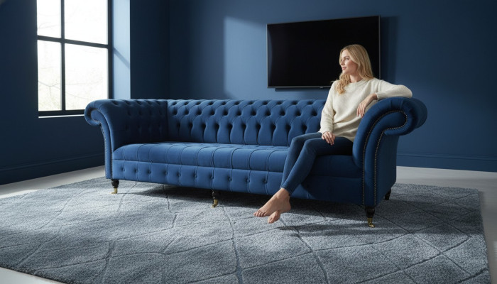 Divano design 4 posti in tessuto blu, divano classico Chesterfield nuovo.