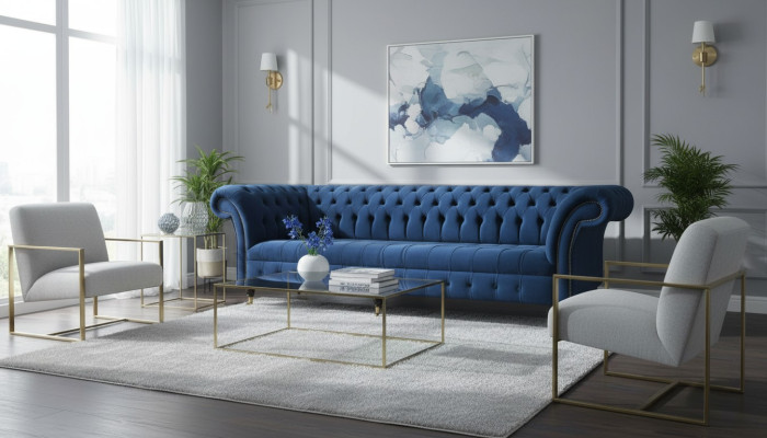 Divano design 4 posti in tessuto blu, divano classico Chesterfield nuovo.