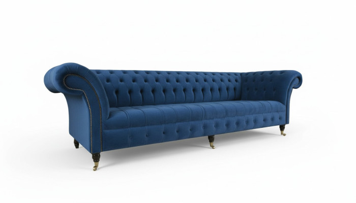 Divano design 4 posti in tessuto blu, divano classico Chesterfield nuovo.