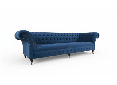 Divano design 4 posti in tessuto blu, divano classico Chesterfield nuovo.