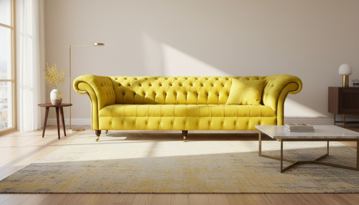 Divano giallo 4 posti Chesterfield imbottito in pelle e tessuto giallo.
