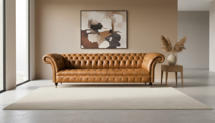Sofà design Chesterfield imbottito moderno in tessuto stoffa divano letto 4 posti nuovo