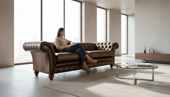 Divano XXL 4 posti Chesterfield imbottito rivestimento in pelle e tessuto marrone