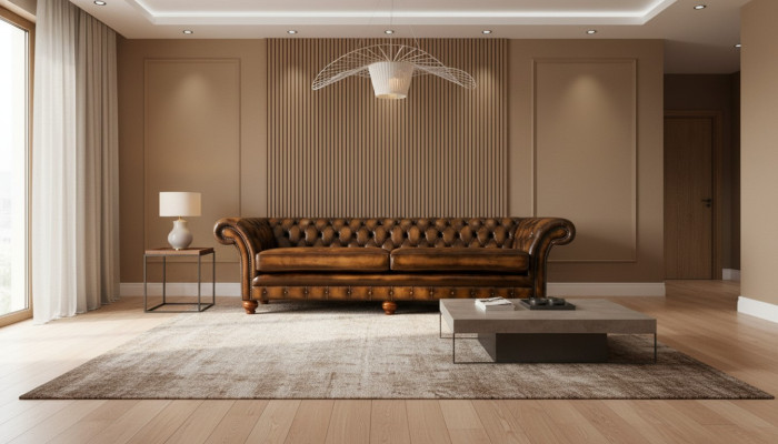 Divano XXL 4 posti Chesterfield imbottito rivestimento in pelle e tessuto marrone