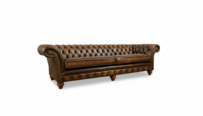 Divano XXL 4 posti Chesterfield imbottito rivestimento in pelle e tessuto marrone