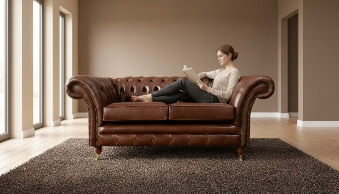 Divano Chesterfield 2 posti, design imbottito, divani in pelle, originale marrone.