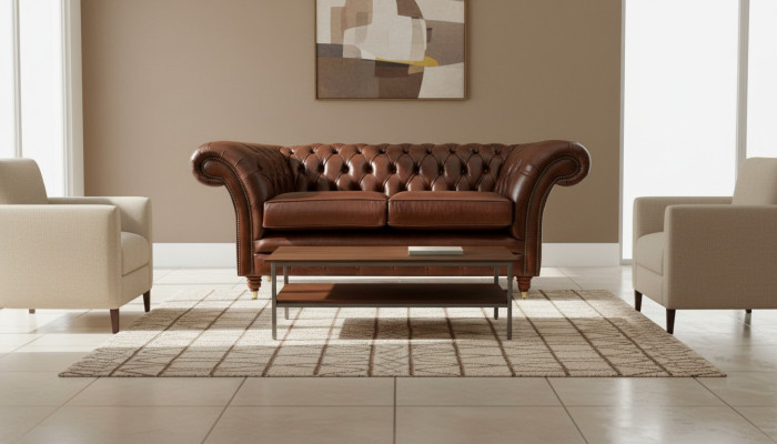 Divano Chesterfield 2 posti, design imbottito, divani in pelle, originale marrone.