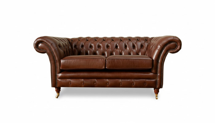 Divano Chesterfield 2 posti, design imbottito, divani in pelle, originale marrone.