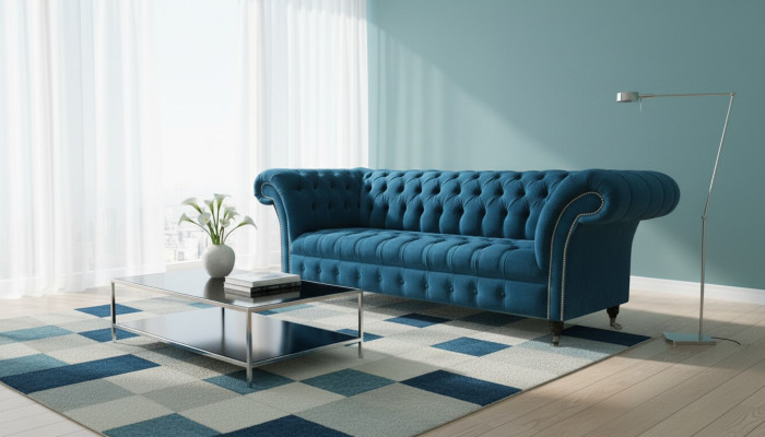 Divano design 3 posti imbottito in tessuto blu set divano mobilio turchese nuovo