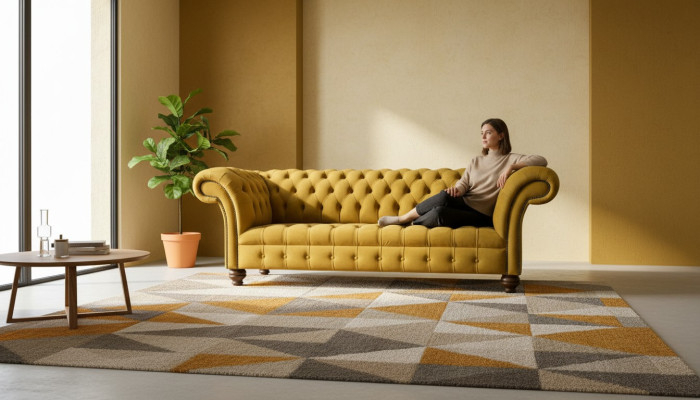 xxl Divano Chesterfield 225 cm Imbottito Sofà 3 Posti Pelle Tessuto Nuovo